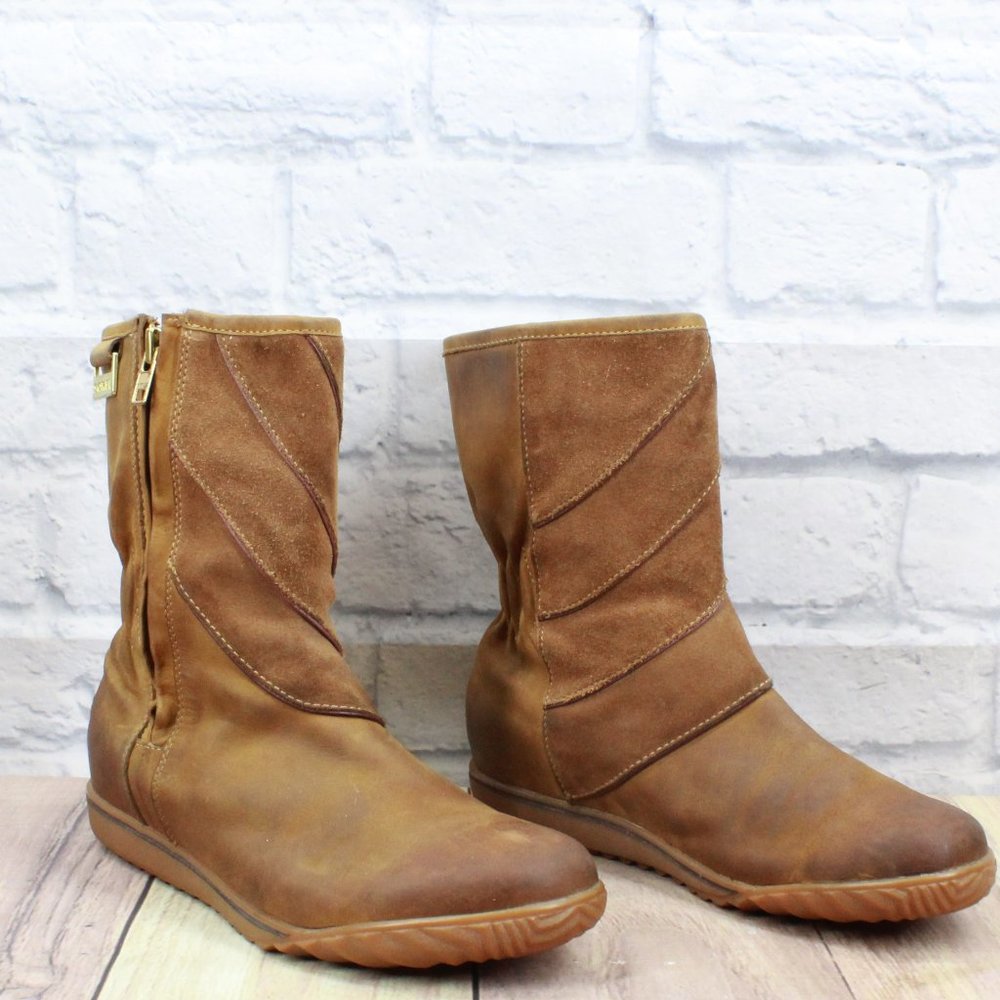 SOREL Brown Leather Gold Logo Round Toe Side Zip Winter Boots Size 8 - Picture 3 of 10